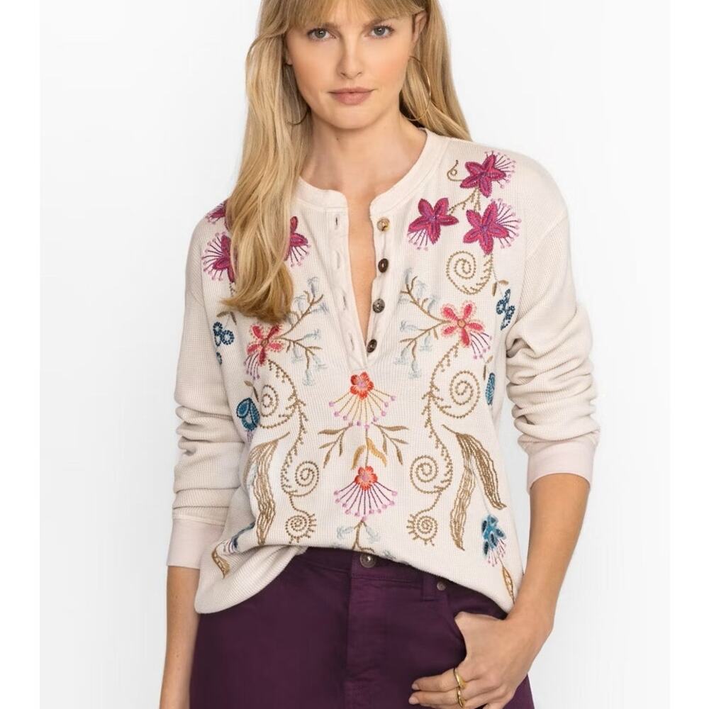 Johnny Was Floral Embroidered Sisa Thermal Henley Shirt In Ivory Size Small